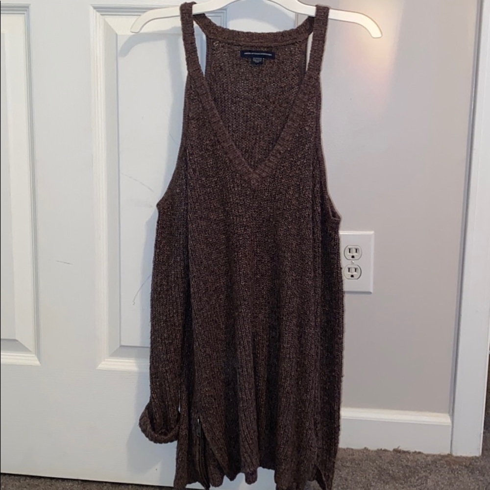 brown american eagle sweater with shoulders open